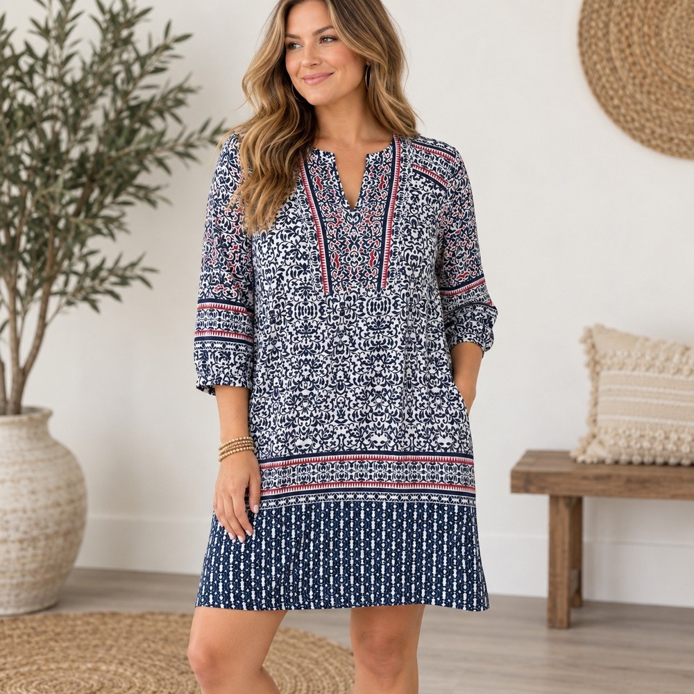 Tommy Bahama Blue White Scroll Print Tencel Shift Dress TW616016 Womens Medium